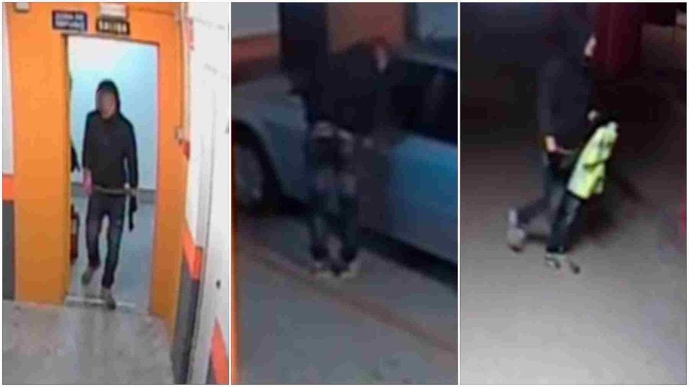 Tres capturas de las cámaras de seguridad en las que se identifica al autor de los robos en un garaje de Lezkairu. POLICÍA NACIONAL
