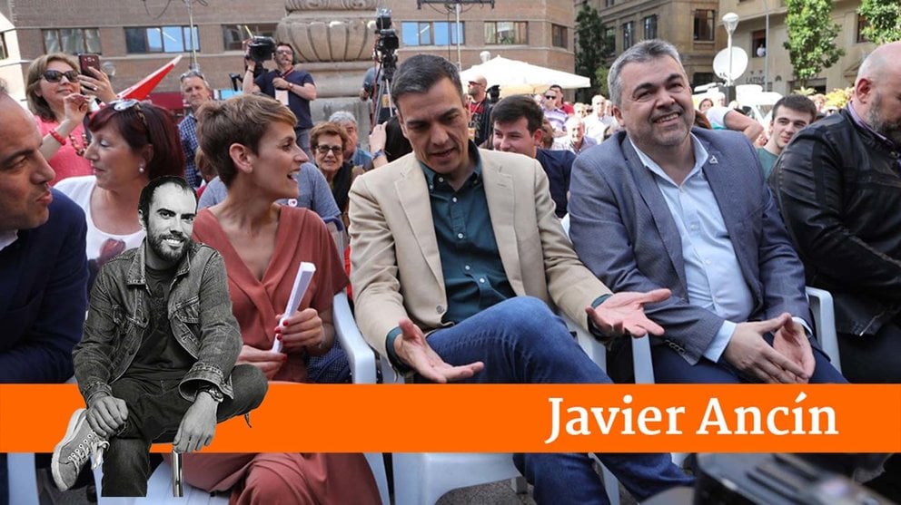María Chivite, Pedro Sánchez y Carlos Cerdán, durante un acto electoral en Pamplona. EUROPA PRESS
