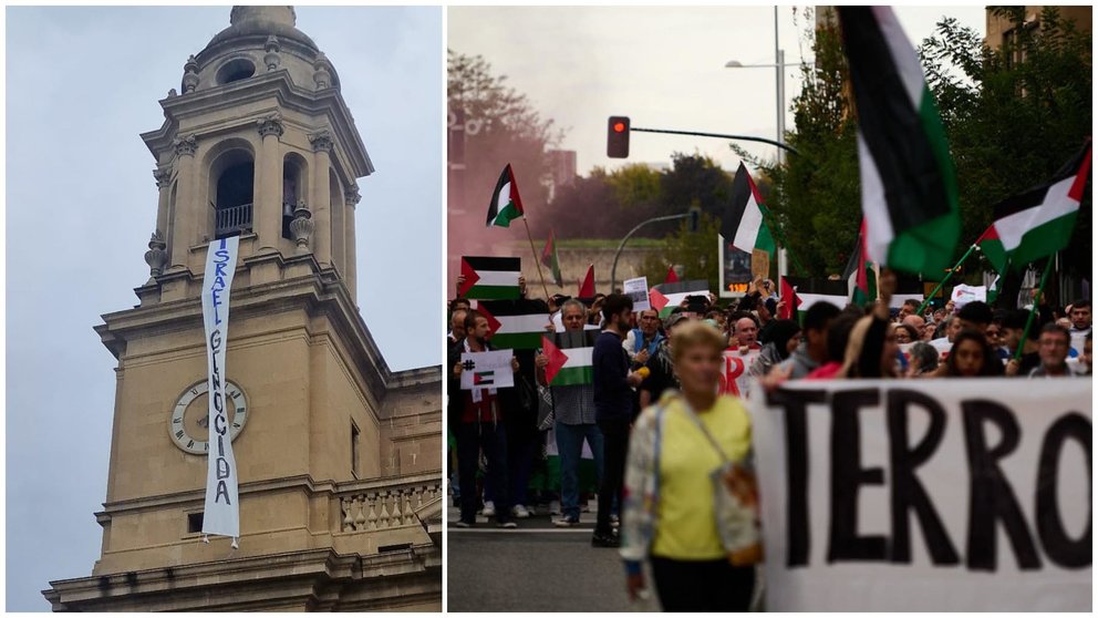 Activista de BDZ despliegan una lona en la Catedral de Pamplona con el mensaje 'Israel Genocida'.