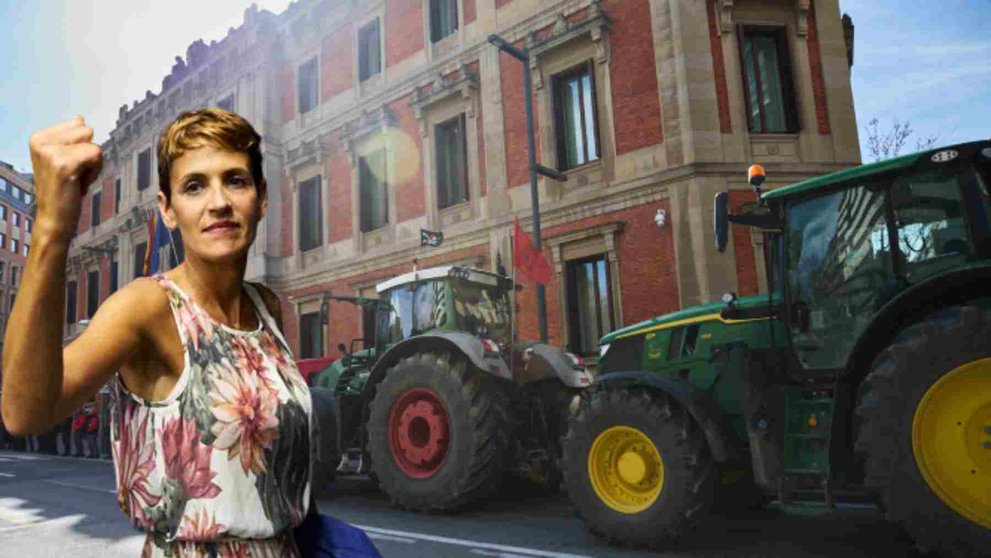 Fotomontaje de María Chivite ante la sede del Parlamento de Navarra con unos tractores delante.