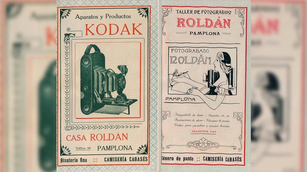 Los dos anuncios publicados en el programa de las fiestas de San Fermín de 1918 nos indican que Roldán complementaba el retrato de estudio con la venta de productos fotográficos Kodak y el trabajo de fotograbado.