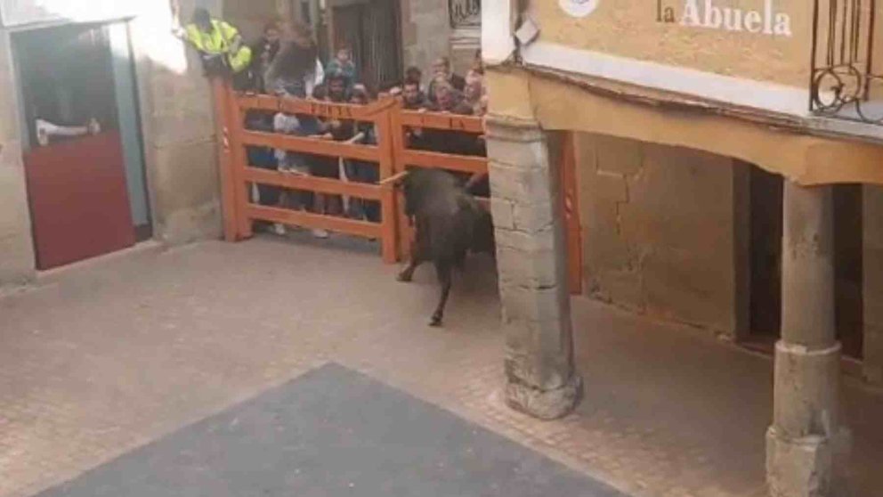 Momento en el que el toro rompe la taranquera y embiste en Los Arcos. FESTARO