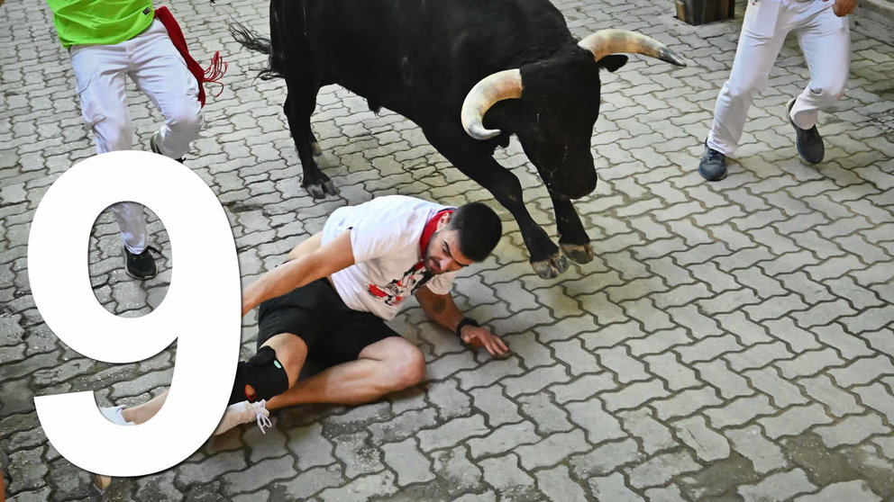 Encierro de los toros de Victoriano de Río durante San Fermín 2023. PABLO LASAOSA