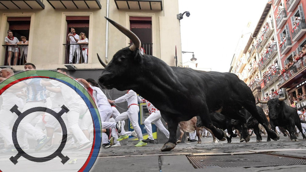 Sexto encierro de San Fermín 2023 con toros de Jandilla en la curva de Mercaderes. EFE