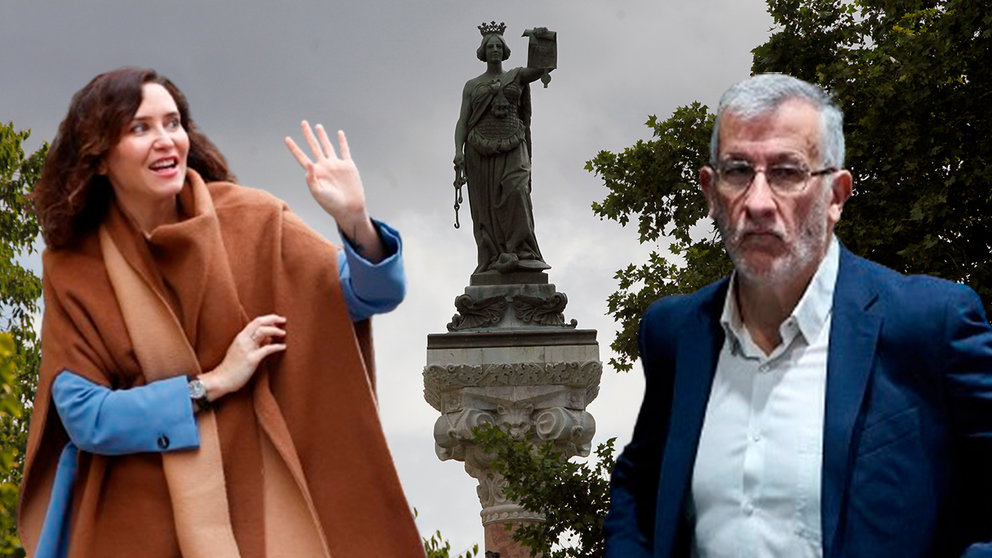 Montaje de Isabel Díaz Ayuso y Flélix Taberna junto a la estatua de los Fueros de Navarra. NAVARRA.COM