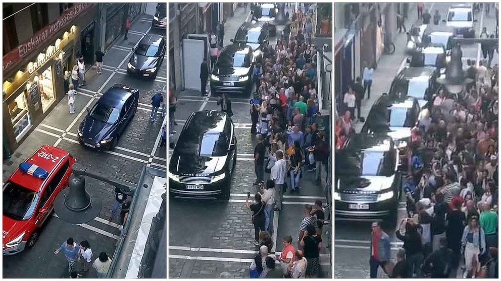 La comitiva de coches que trasladaron a Luis Miguel desde un céntrico hotel de Pamplona hasta el navarra Arena por la calle Estafeta. TWITTER