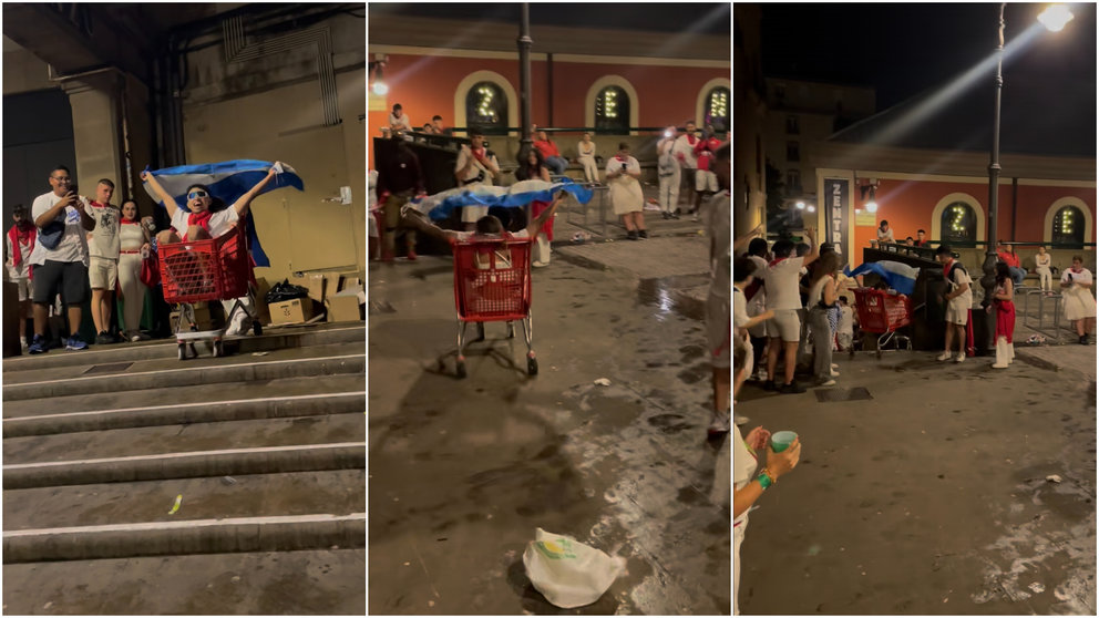 Dos jóvenes se lanzan en las escaleras de la Plaza del Burgo en San Fermín. NAVARRA.COM