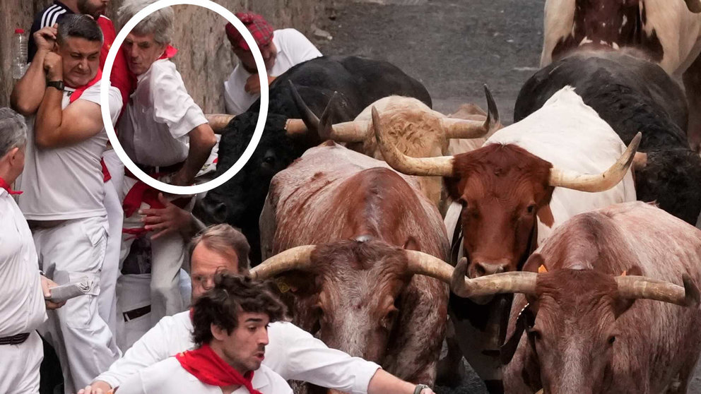 Los toros de la ganadería de Jandilla recorren la cuesta de Santo Domingo durante el sexto encierro de los Sanfermines 2024 celebrado este viernes en Pamplona. EFESergio Martín