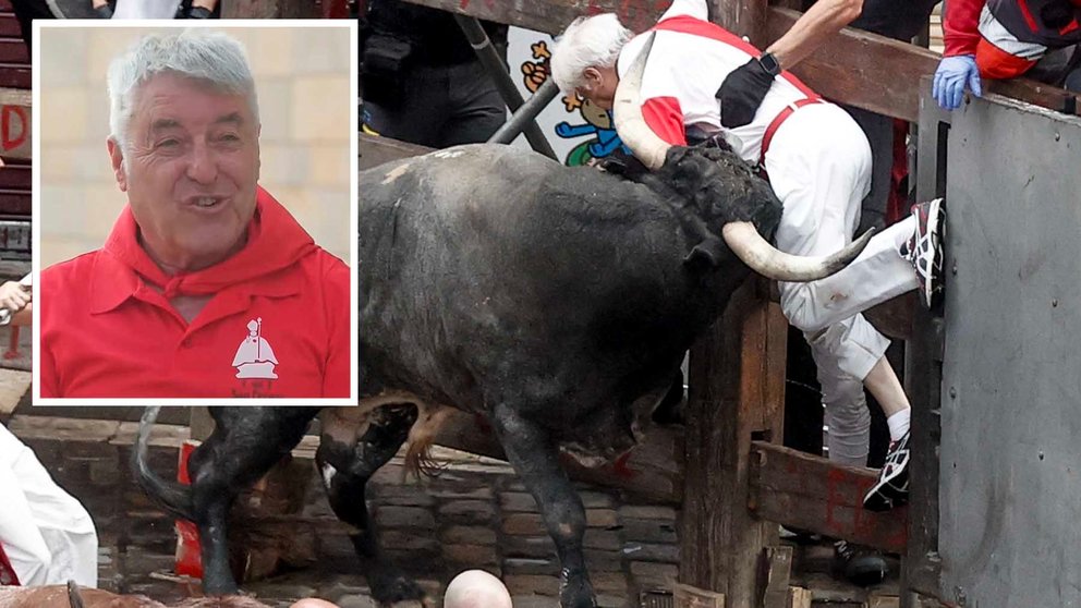 Alberto Guillamón, más conocido 'Torrechiva', ha sido cogido por un toro de Miura en el octavo encierro de San Fermín 2024. EFE/ Jesus Diges