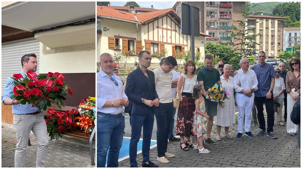 A la izquierda, Alejandro Toquero deposita un ramo de flores, al a derecha, los asistentes al acto con los familiares de José Javier Múgica. UPN