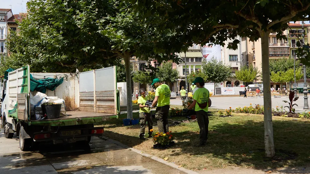 Jardineros del Ayuntamiento trabajan en el mantenimiento de los jardines de la Plaza del Castillo de Pamplona después de las Fiestas de San Fermín 2024. IÑIGO ALZUGARAY