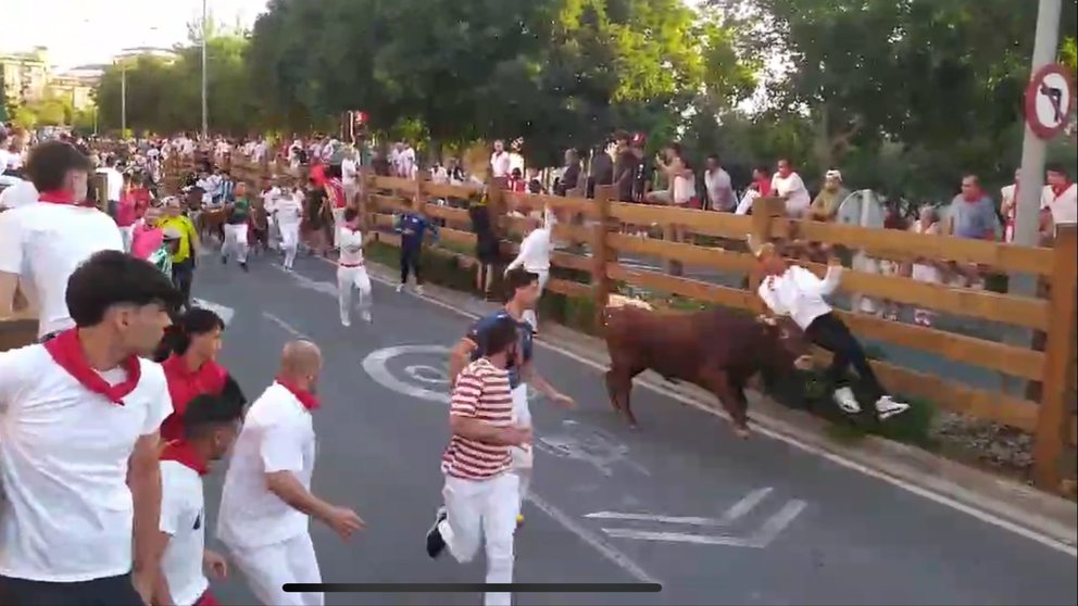 Momento de la cogida en el primer encierro de las fiestas de Tudela de 2024 en el tramo antes del callejón de la plaza.