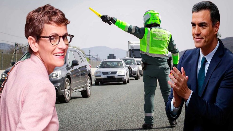 Fotomontaje de María Chivite, Pedro Sánchez y un agente de la Guardia Civil de Tráfico. NAVARRA.COM