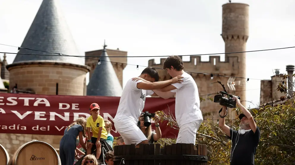 Olite celebra este domingo XXXII Fiesta de la Vendimia Navarra donde el en&oacute;logo Javier Ochoa ha declarado abierto el periodo "h&aacute;bil de vendimia" tras probar el primer mosto procedente de la pisada de uva. EFE/ Jesus Diges