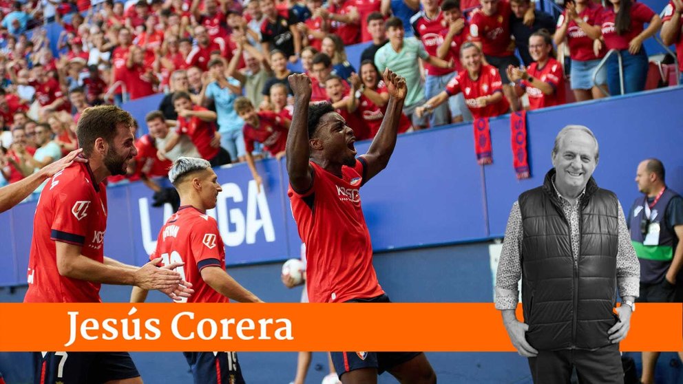 Los jugadores de Osasuna celebran el gol de Enzo Boyomo (1-0) durante el partido de La Liga EA Sports entre CA Osasuna y RC Celta disputado en el estadio de El Sadar en Pamplona. IÑIGO ALZUGARAY