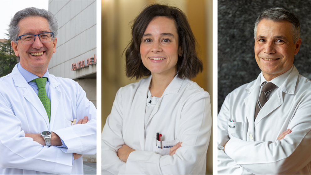 El Dr. Jesús San Miguel y la Dra. Paula Rodríguez Otero, especialistas del Área de Cáncer Hematológico del CCUN, y el Dr. Álvaro González, director del Servicio de Bioquímica Clínica de la Clínica Universidad de Navarra. CEDIDA