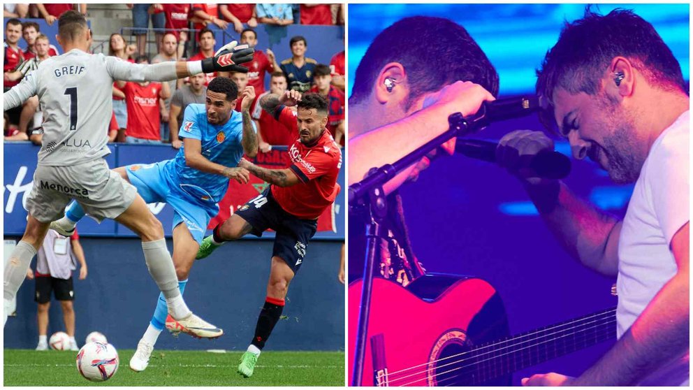 A la izquierda, Ruben García marcando un gol en El Sadar, a la derecha, Estopa en su último concierto en Pamplona. NAVARRA.COM