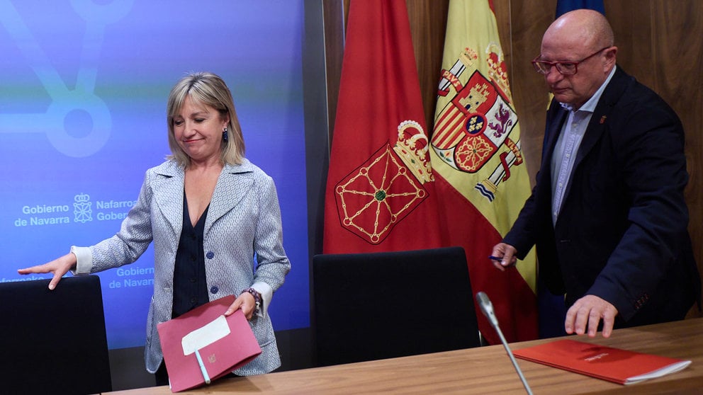 Rueda de prensa para informar sobre los asuntos tratados en la sesión del Gobierno de Navarra, con la comparecencia del Vicepresidente primero, Félix Taberna, la portavoz del Gobierno foral, Amparo López y el consejero de Educación, Carlos Gimeno. IÑIGO ALZUGARAY