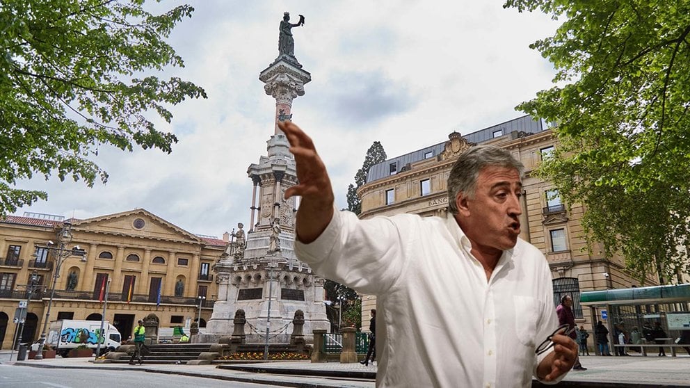 Fotomontaje de Joseba Asirón sobre una foto del Paseo Sarasate con la estatua de los Fueros al fondo.