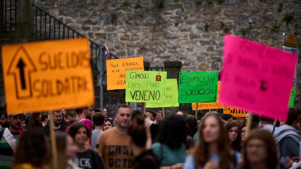 Concentración en el marco de la huelga convocada por los sindicatos de la educación pública navarra frente al departamento de Educación. PABLO LASAOSA