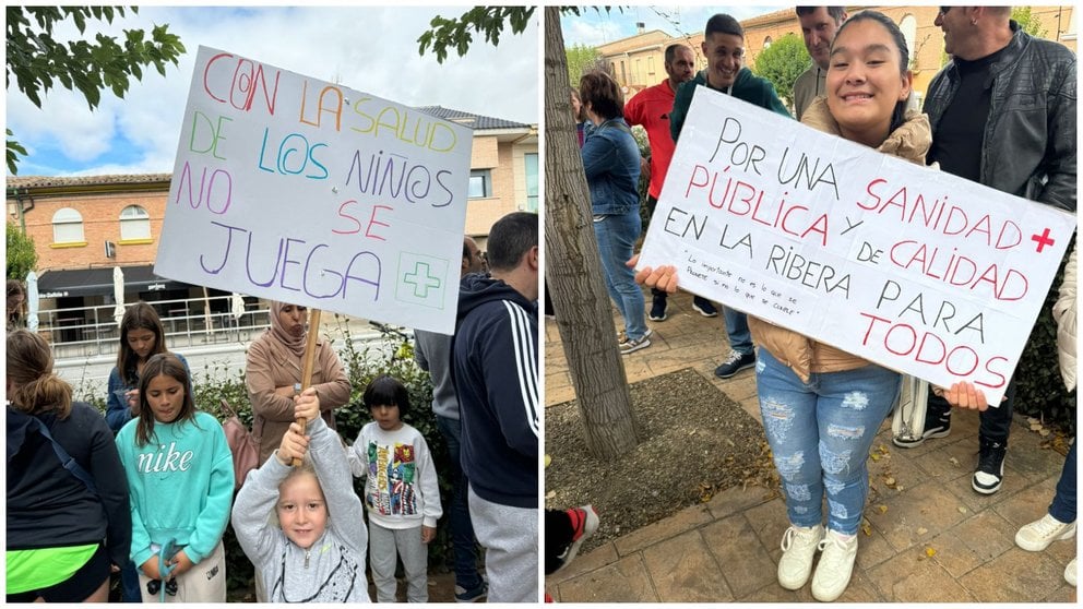 Fotomontaje con dos imágenes de la concentración en Peralta en protesta por la eliminación del servicio de Pediatría. CEDIDA