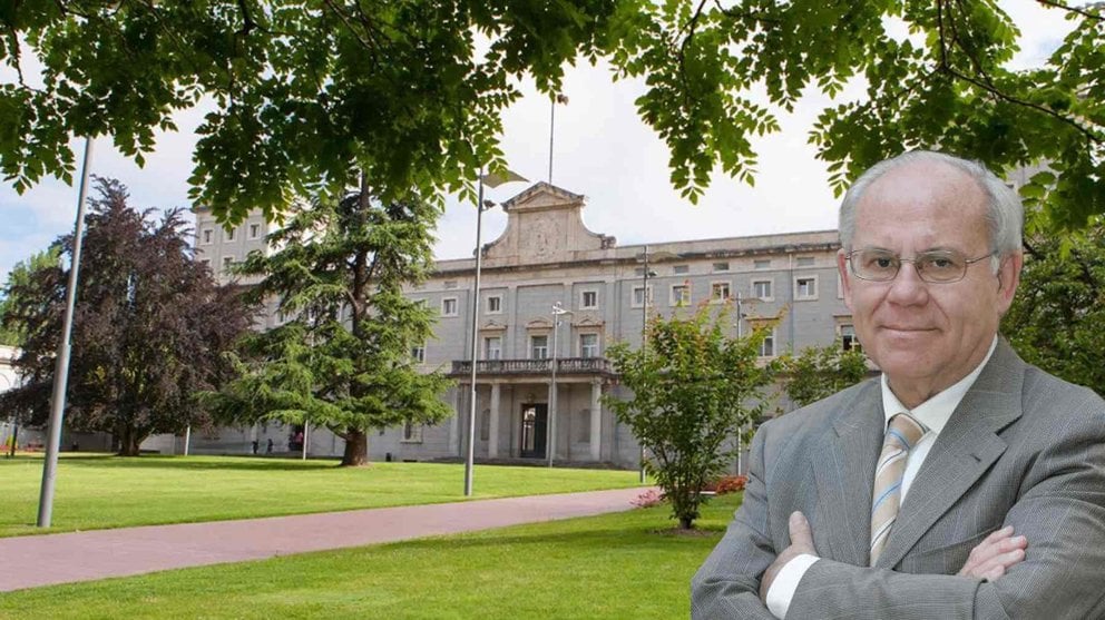 Fotomontaje del ex rector de la Universidad de Navarra, Alejandro Llano, sobre una foto del edificio Central de la Universidad. UNAV