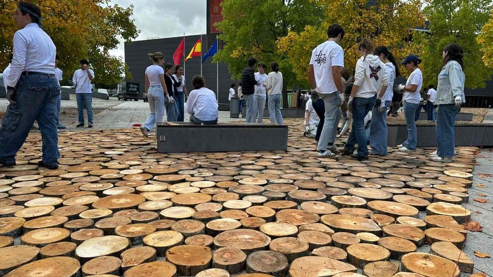 Una alfombra de troncos en la plaza del Baluarte de Pamplona. NAVARRA.COM