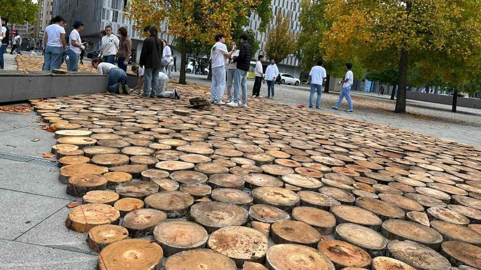 Una alfombra de troncos en la plaza del Baluarte de Pamplona. NAVARRA.COM