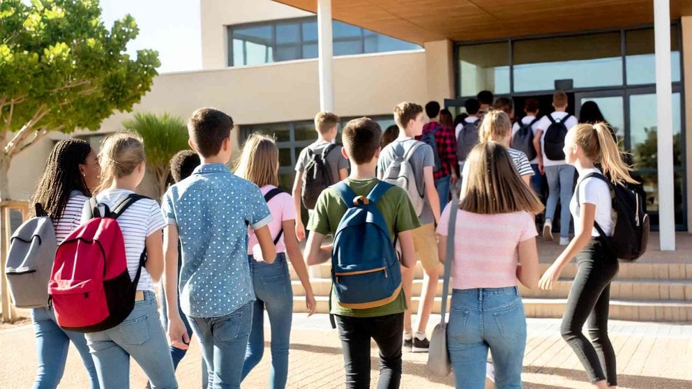 Jóvenes accediendo a un instituto. Imagen generada por Inteligencia Artificial.