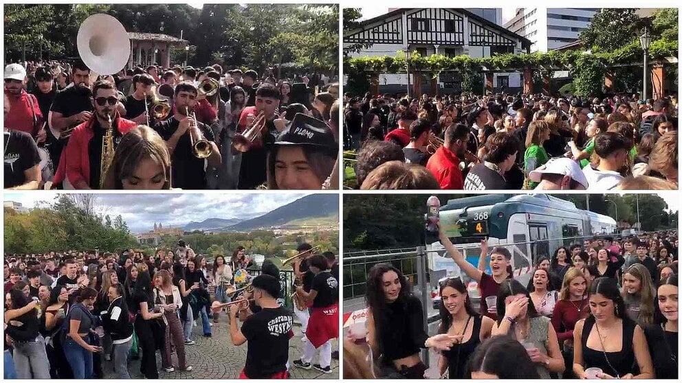 Varias instantáneas de jóvenes disfrutando del ambiente previo a la Carpa Universitaria de Pamplona. ÍNIGO ALZUGARAY