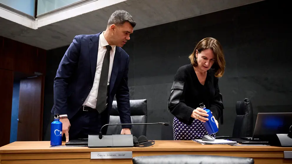 Javier García e Irene Royo, del PPN, minutos antes del comienzo del pleno del Parlamento. PABLO LASAOSA