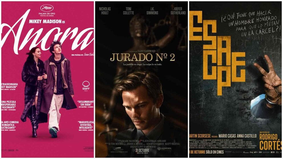 Carteles de las películas Anora, Jurado nº2 y Escape.