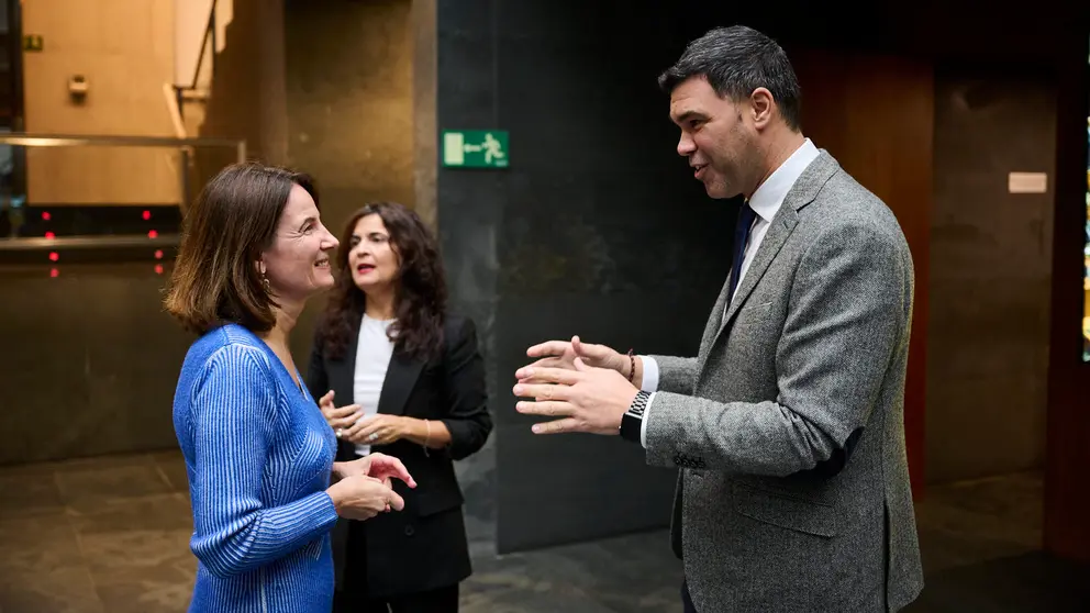 Javier García, Irene Royo y Maribel García Malo del PPN minutos antes del comienzo del pleno del Parlamento. PABLO LASAOSA