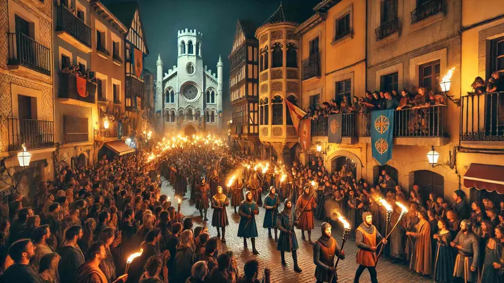 Imagen generada por inteligencia artificial de una fiesta medieval con un desfile de antorchas.