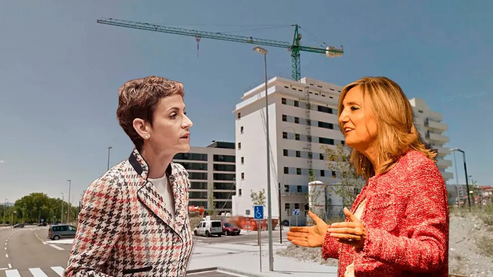 Fotomontaje de María Chivite y Cristina Ibarrola sobre el fondo de un edificio en construcción.