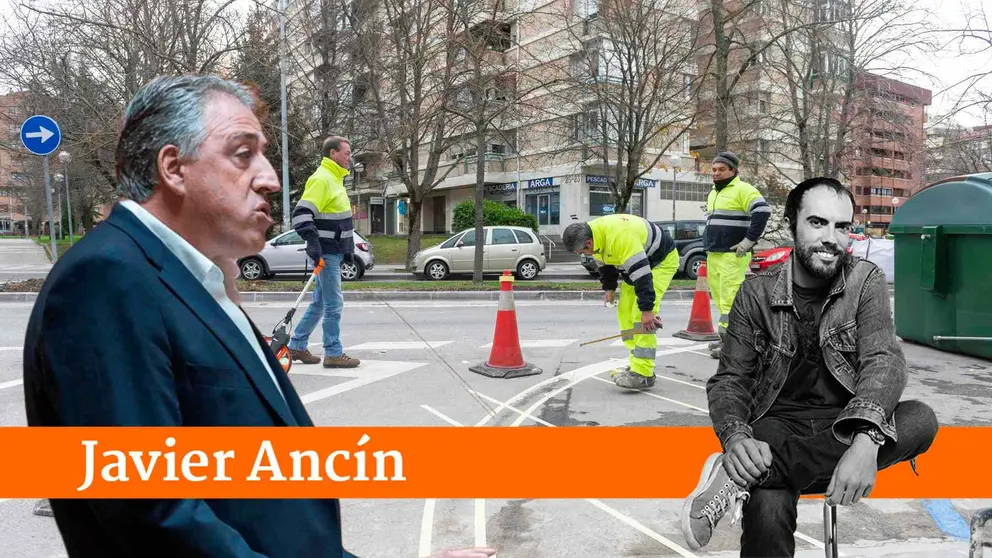 Fotomontaje de Joseba Asirón sobre las obras de un carril árbol en Pamplona.