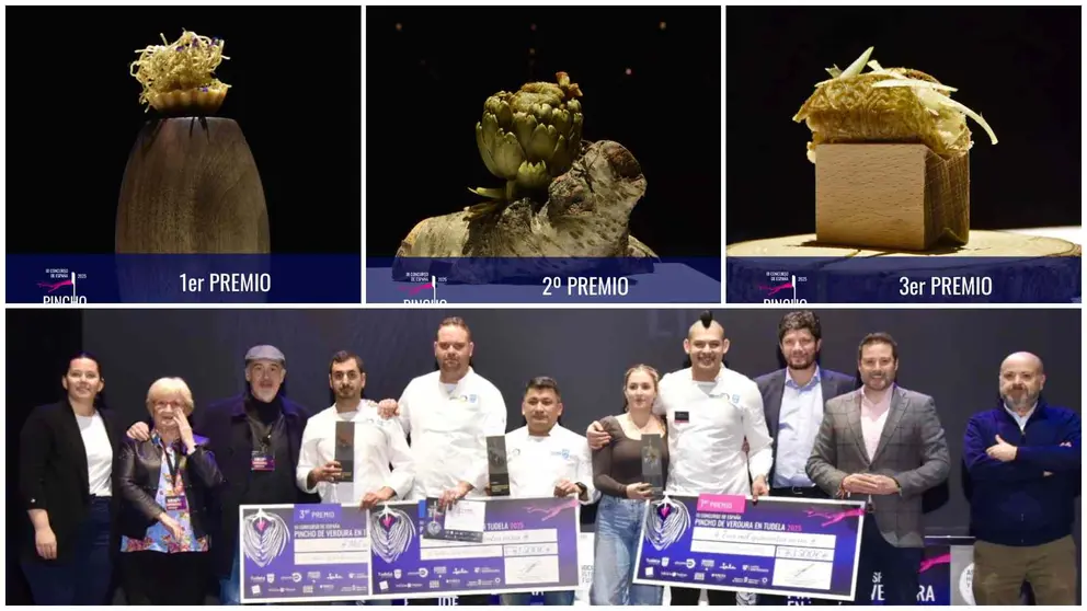 Los tres primeros premios del concurso y los premiados durante la gala que se celebró este martes en Tudela. AYUNTAMIENTO DE TUDELA