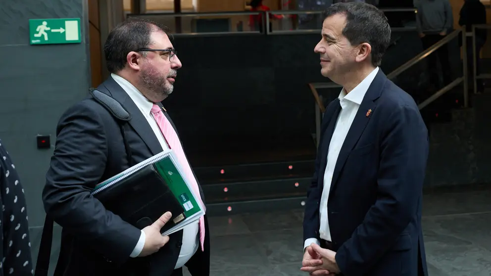 EL presidente del Parlamento de Navarra, Unai Hualde, junto al consejero de Industria, Mikel Irujo, antes de entrar al pleno del Parlamento de Navarra. IÑIGO ALZUGARAY