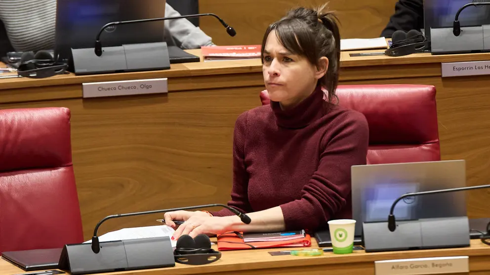 La consejera de Vivienda, Begoña Alfaro, en su escaño en el Parlamento de Navarra. IÑIGO ALZUGARAY