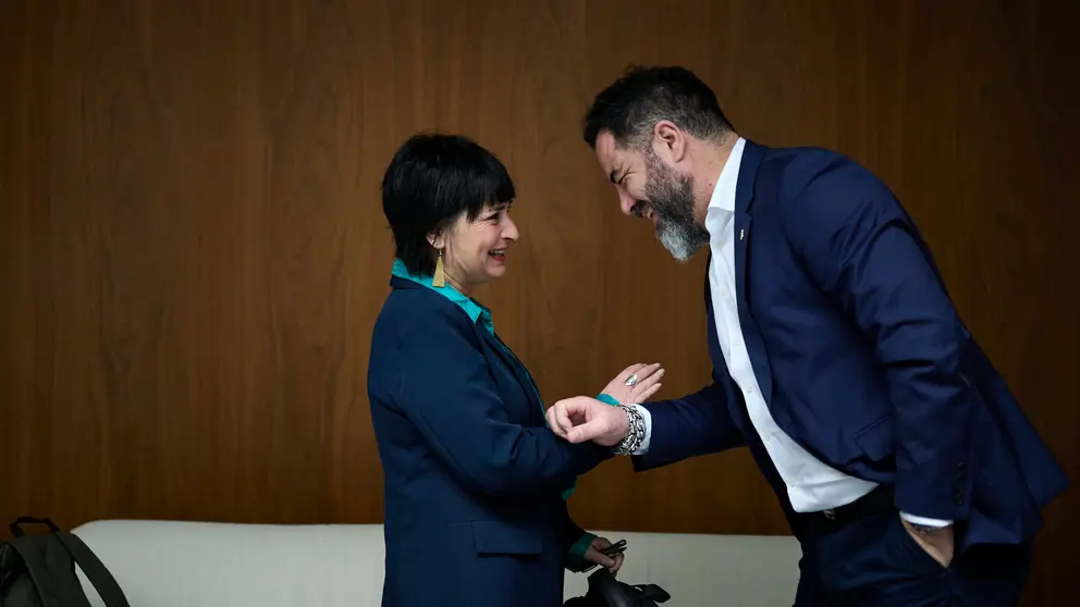 Laura Aznal de EH Bildu junto a Ramón Alzórriz del PSN minutos antes de comenzar el pleno del Parlamento. PABLO LASAOSA