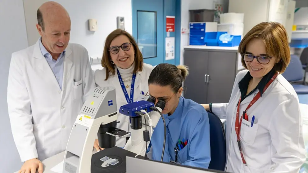 De izquierda a derecha, el Dr. Felipe Prósper, la Dra. Susana Inogés, Rebeca Lara, técnico de laboratorio y la Dra. Ascensión López en el laboratorio GMP de Terapia Celular de la Clínica Universidad de Navarra. CEDIDA