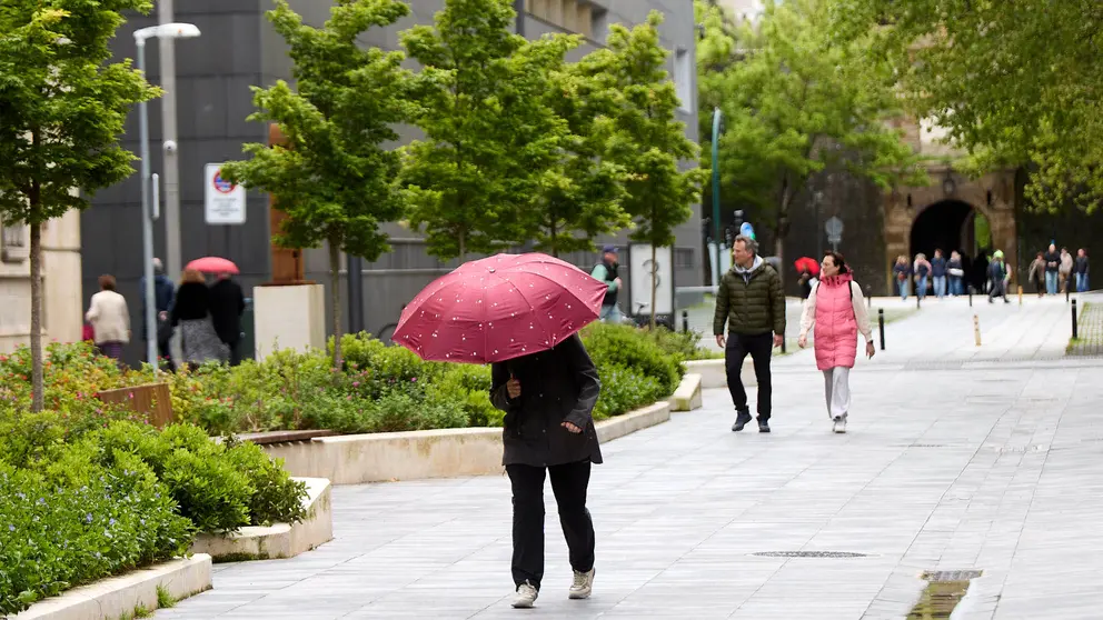 D&iacute;a de viento y paraguas con tiempo gris y chubascos en Pamplona. I&Ntilde;IGO ALZUGARAY