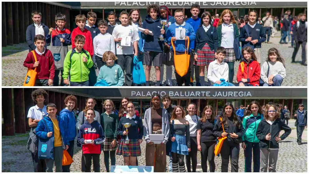 Arriba los finalistas de Educación Primaria y abajo los de Secundaria del concurso Spelling Bee, organizado por el Colegio Irabia-Izaga de Pamplona. IRABIA-IZAGA