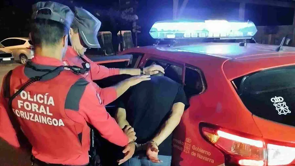 Imagen de archivo de dos agentes de la Policía Foral introducen a un detenido en un coche policial. POLICÍA FORAL
