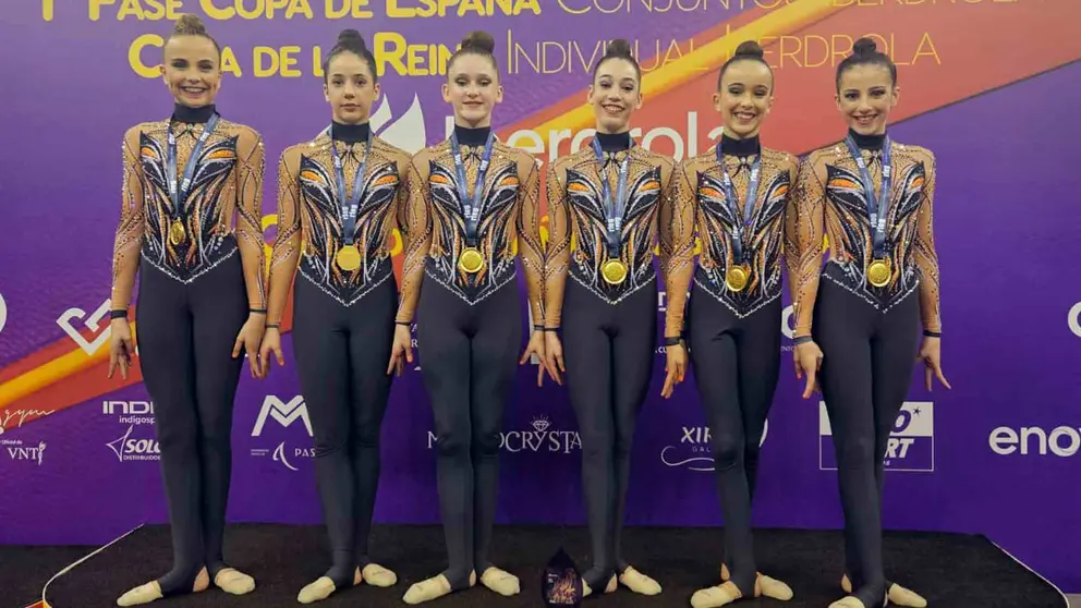 Sofía Oliver, Ane Zugasti, Aiala Sesma, Amaia Garcés, Sara Peña y Angelina del Riskodi forman el equipo infantil del Club de Gimnasia Larraona. CEDIDA