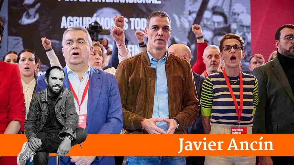El presidente del Gobierno de España, Pedro Sánchez, junto a María Chivite y Santos Cerdán clausura del 13 COngreso Regional del PSN. PABLO LASAOSA