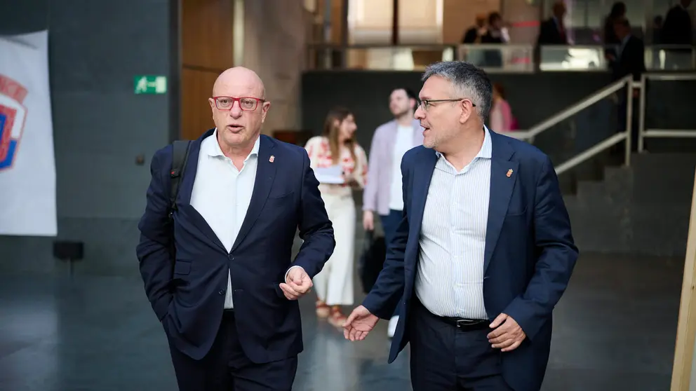 El consejero de Educación Carlos Gimeno y el consejero de Unviersidad Juan Luis García minutos antes de comenzar el pleno del Parlamento. PABLO LASAOSA