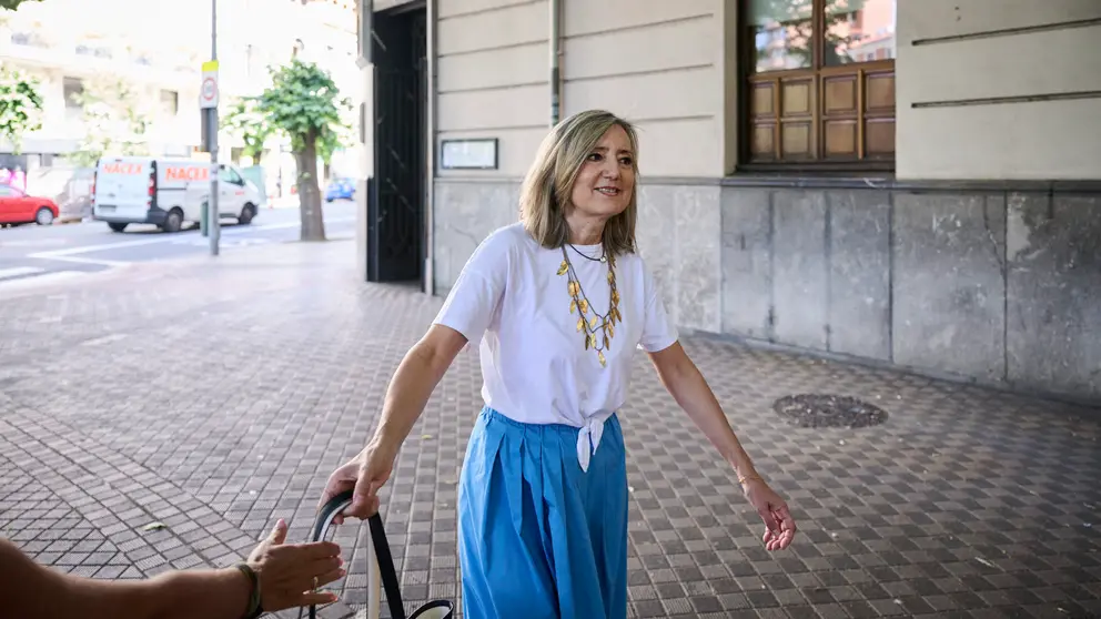 Cristina Ibarrola, presidenta de UPN, interviene ante los medios tras conocerse nuevas revelaciones de la trama de corrupción de Santos Cerdán y el Gobierno de María Chivite. PABLO LASAOSA