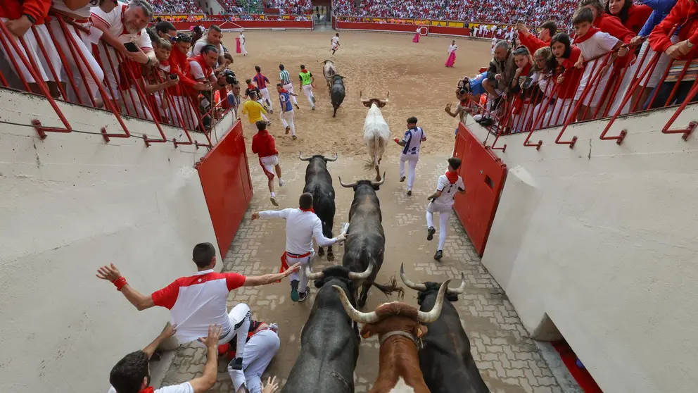 Octavo encierro de San Ferm&iacute;n 2025 el d&iacute;a 14 de julio con toros de Miura en el callej&oacute;n. EFE - J.P. URDIROZ (1)