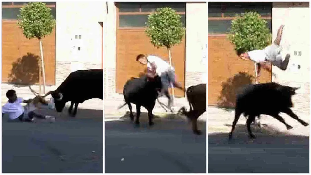 Tres fotogramas del vídeo en el que se aprecia la cogida.